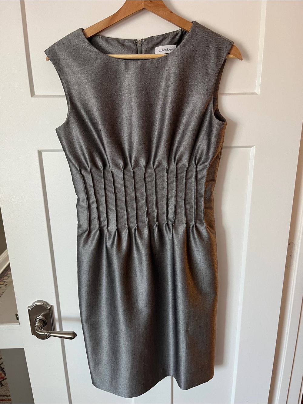 Calvin Klein Sleeveless Pleated Waist Sheath Dress in Gray